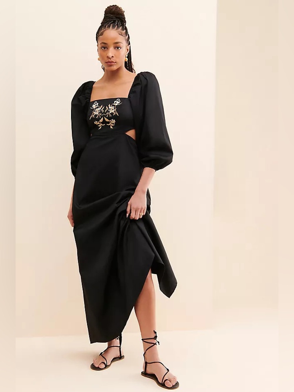 Especia Black Embroidered Cut Out Maxi Dress Puff Long Sleeves Anthropologie XS - Picture 2 of 16